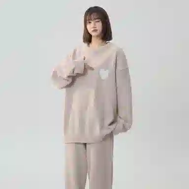 大卫贝肯 简约复古爱心提花宽松休闲可外穿纯色半边绒透气柔软亲肤高弹力长袖圆领情侣居家睡衣套装 男女同款