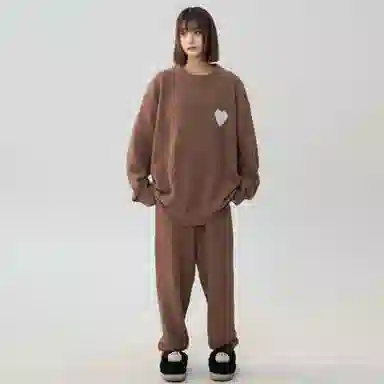 大卫贝肯 简约复古爱心提花宽松休闲可外穿纯色半边绒透气柔软亲肤高弹力长袖圆领情侣居家睡衣套装 男女同款