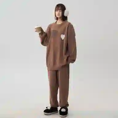 大卫贝肯 简约复古爱心提花宽松休闲可外穿纯色半边绒透气柔软亲肤高弹力长袖圆领情侣居家睡衣套装 男女同款