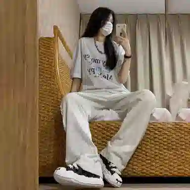 虫小绿 美式高街风三条杠中腰系带宽松阔腿垂感透气百搭通勤运动长裤休闲裤 男女同款