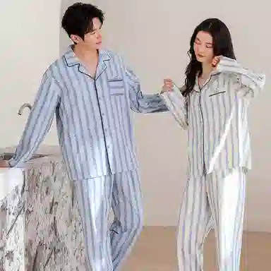 莫代尔 纯棉纯色亲肤舒适翻领开衫可外穿长袖长裤睡衣套装 男女同款