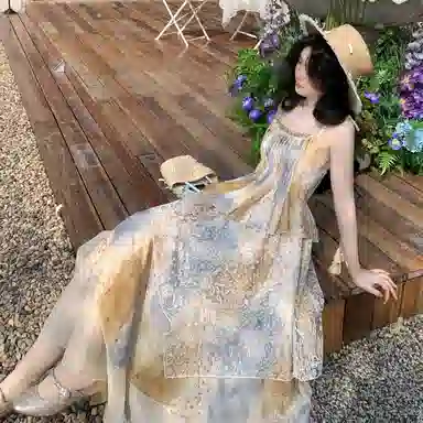 桴生 梦幻度假复古波西米亚风不规则晕染连衣裙与流苏开衫两件套裙装套装 女款