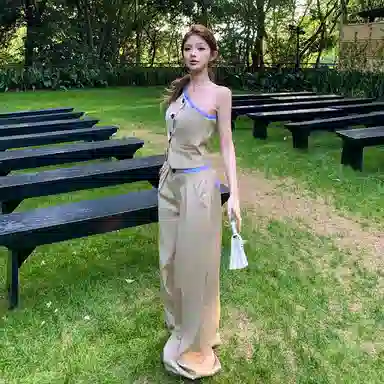 费尔岛上的猫 韩系时尚舒适通勤简约风夏季显瘦减龄两件套休闲套装 女款
