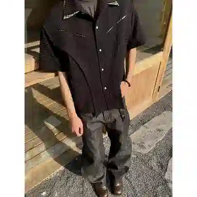 拓菲 千鸟格解构百搭高级感痞帅拼接翻领短袖衬衫 男女同款
