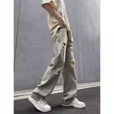 拓菲 做旧高街美式破洞宽松潮牌微喇牛仔裤 男女同款