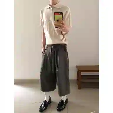 拓菲 麂皮打褶千鸟格拼接老钱风剑道七分短西裤休闲短裤 男女同款