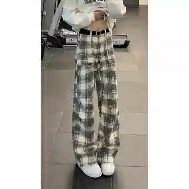 拓菲 美式复古格子长裤裤子男款秋春垂感高级感直筒裤宽松运动休闲牛仔裤 男女同款