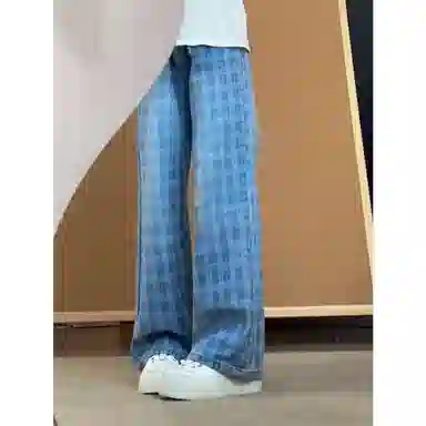 拓菲 美式痞帅高街百搭休闲复古格子纹抽绳直筒微喇弯刀牛仔裤 男女同款