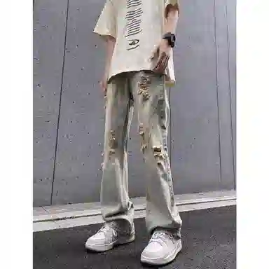 拓菲 做旧高街美式破洞宽松潮牌微喇牛仔裤 男女同款