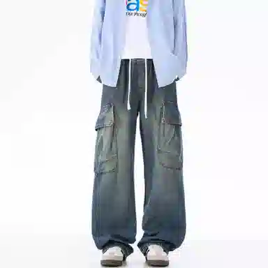拓菲 水洗工装男生潮牌美式宽松阔腿直筒垂感百搭休闲大口袋长裤子牛仔裤 男女同款