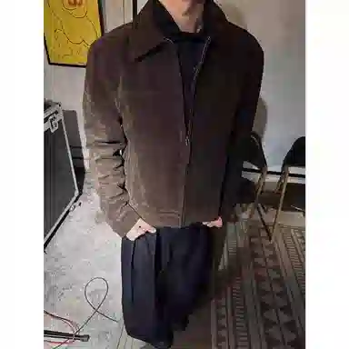 拓菲 绒皮痞帅工装翻领美拉德休闲复古正肩巴恩风外套男高级感短款夹克 男女同款