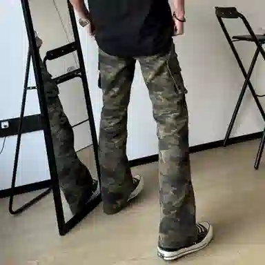 拓菲 美式复古迷彩多口袋修身显瘦休闲痞帅工装裤直筒百搭微喇长裤 男女同款