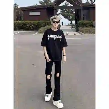 拓菲 美式高街直筒破洞潮流设计感牛仔裤 男女同款