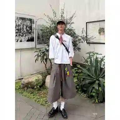 拓菲 美式千鸟格拼接老钱风阔腿西裤七分休闲短裤 男女同款