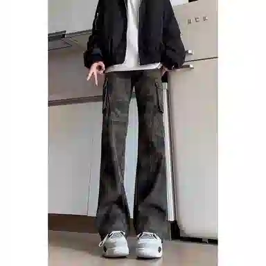拓菲 夏季美式高街微喇显瘦迷彩工装裤弹力修身牛仔裤复古休闲裤子 男女同款