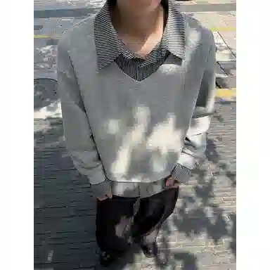 拓菲 美式设计感拼接衬衫领假两件长袖男宽松情侣休闲打底衫卫衣 男女同款