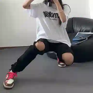拓菲 美式高街裤子薄款毛边破洞修身直筒微喇牛仔裤 男女同款