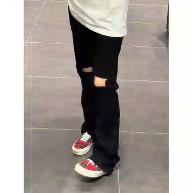 拓菲 美式高弹力显瘦裤子高街修身直筒微喇裤拉链膝盖破洞牛仔裤 男女同款