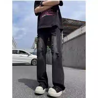 拓菲 做旧高街美式破洞宽松潮牌微喇牛仔裤 男女同款