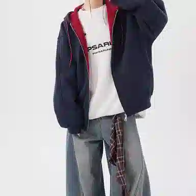 拓菲 美式重磅拼色连帽卫衣男秋季拉链情侣外套宽松学院风运动开衫夹克 男女同款