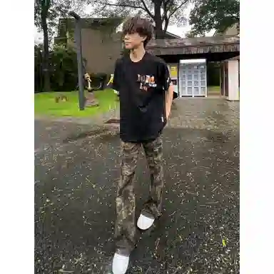 拓菲 美式高街迷彩微喇夏季薄款工装裤子高腰窄版直筒喇叭裤牛仔裤男款 男女同款