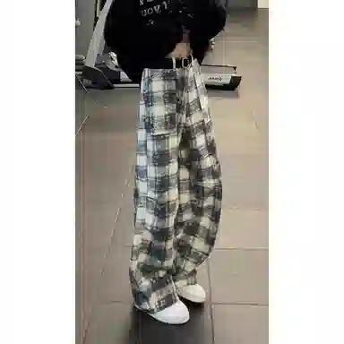 拓菲 美式复古格子长裤裤子男款秋春垂感高级感直筒裤宽松运动休闲牛仔裤 男女同款