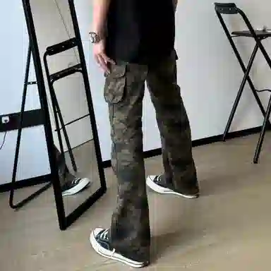 拓菲 美式复古迷彩多口袋修身显瘦休闲痞帅工装裤直筒百搭微喇长裤 男女同款