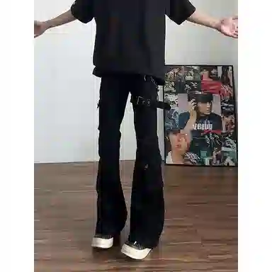 拓菲 美式复古接头百搭时尚高街工装裤子设计感绑带痞帅炸街直筒牛仔裤 男女同款