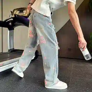 拓菲 美式破洞高街直筒潮牌牛仔裤 男女同款