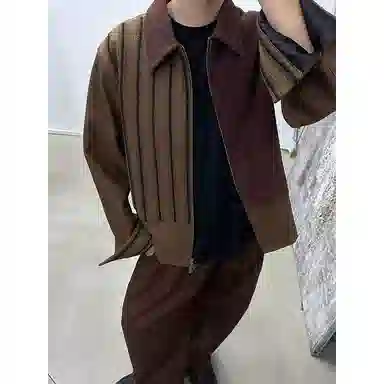 拓菲   游牧风条纹肌理外套男款春秋美式复古撞色拼接设计感翻领上衣夹克 男女同款