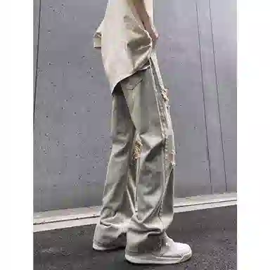 拓菲 做旧高街美式破洞宽松潮牌微喇牛仔裤 男女同款