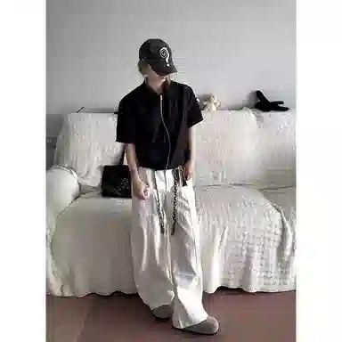 拓菲 双开拉链肌理感翻领短袖衬衫 男女同款