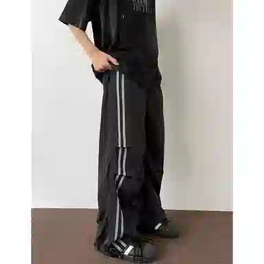 拓菲 美式运动伞兵裤宽松直筒冰丝阔腿裤条纹褶皱工装休闲裤 男女同款