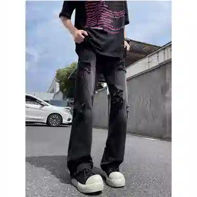 拓菲 做旧高街美式破洞宽松潮牌微喇牛仔裤 男女同款