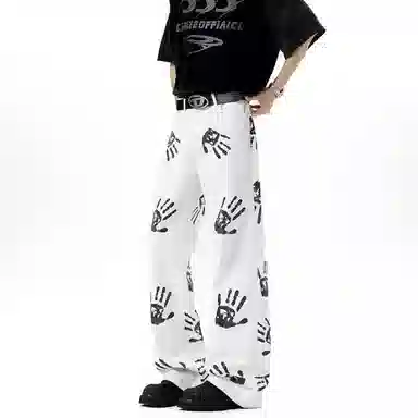 拓菲 美式高街潮牌手掌印花微喇直筒牛仔裤 男女同款