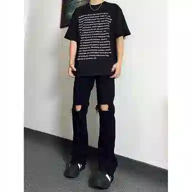 拓菲 美式高弹力显瘦裤子高街修身直筒微喇裤拉链膝盖破洞牛仔裤 男女同款