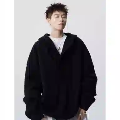 拓菲 秋冬复古宽松纯色慵懒连帽纽扣上衣外套男潮牌百搭休闲针织衫 男女同款