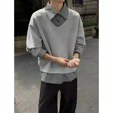 拓菲 美式设计感拼接衬衫领假两件长袖男宽松情侣休闲打底衫卫衣 男女同款