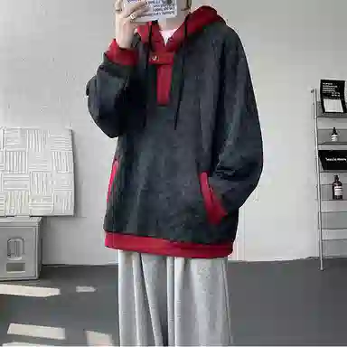 拓菲 美式简约复古春秋潮牌连帽撞色解构拼接宽松设计感情侣休闲外套卫衣 男女同款
