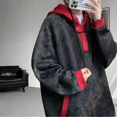 拓菲 美式简约复古春秋潮牌连帽撞色解构拼接宽松设计感情侣休闲外套卫衣 男女同款