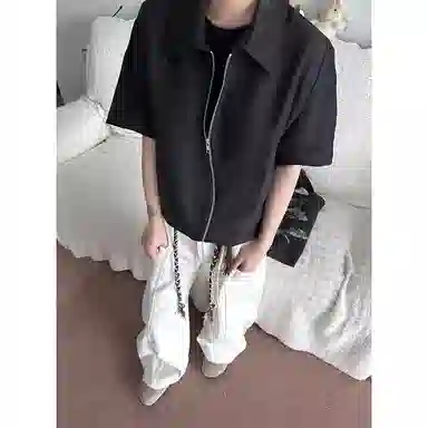 拓菲 双开拉链肌理感翻领短袖衬衫 男女同款