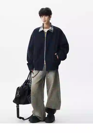 拓菲 美式双拉链格子拼接撞色翻领外套男春秋季潮牌复古宽松休闲男生工装夹克 男女同款