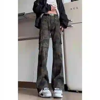 拓菲 夏季美式高街微喇显瘦迷彩工装裤弹力修身牛仔裤复古休闲裤子 男女同款