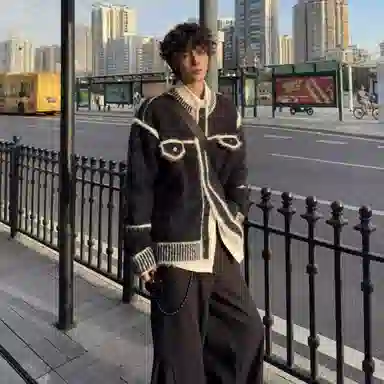 拓菲 小香风撞色毛绒开衫外套男秋冬季小众高级感宽松慵懒针织衫 男女同款