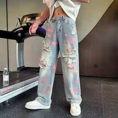 拓菲 美式破洞高街直筒潮牌牛仔裤 男女同款