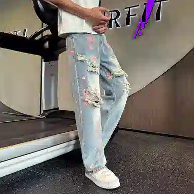 拓菲 美式破洞高街直筒潮牌牛仔裤 男女同款