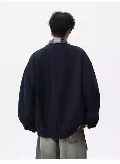 拓菲 美式双拉链格子拼接撞色翻领外套男春秋季潮牌复古宽松休闲男生工装夹克 男女同款