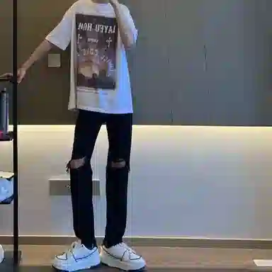拓菲 美式高街直筒破洞潮流设计感牛仔裤 男女同款