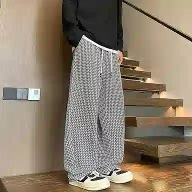 拓菲 菱格提花针织卫裤男秋季宽松阔腿小香风裤子美式垂感老钱风休闲裤 男女同款
