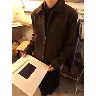 拓菲 绒皮痞帅工装翻领美拉德休闲复古正肩巴恩风外套男高级感短款夹克 男女同款